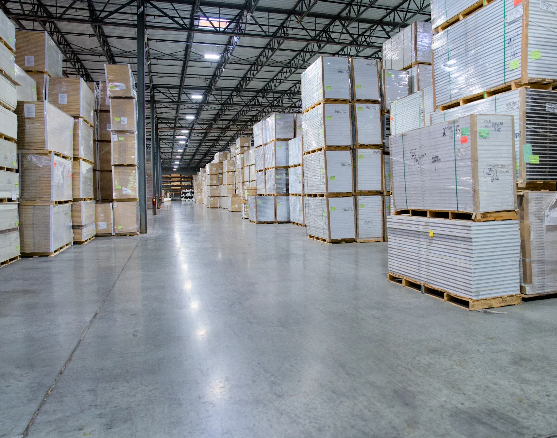 Wrapped and labeled pallets staged in the Tucker warehouse