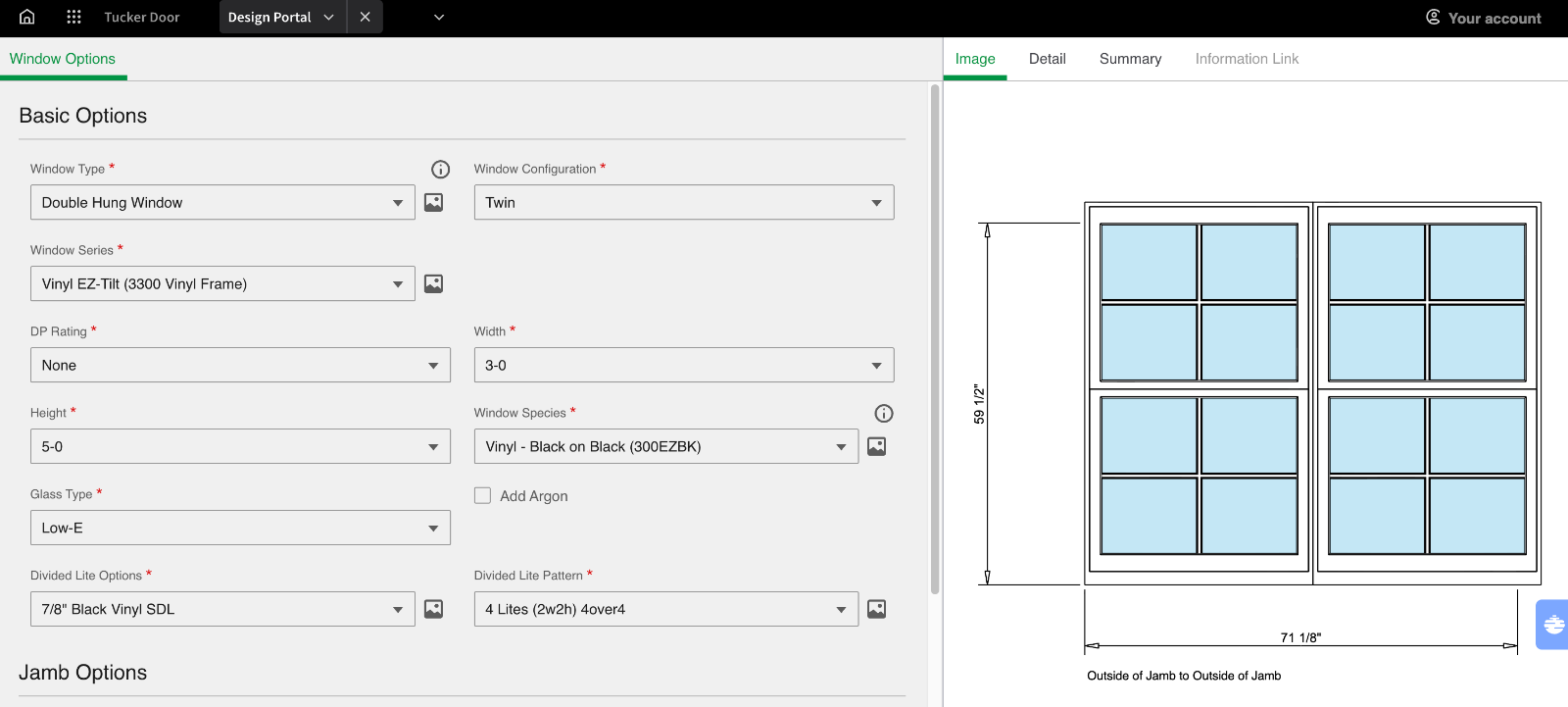 The Tucker Design Portal window configurator, showing a twin double hung unit in the Vinyl EZ-Tilt 3300 frame with black on black species, Low‑E glass, divided lites and a live dimensioned drawing