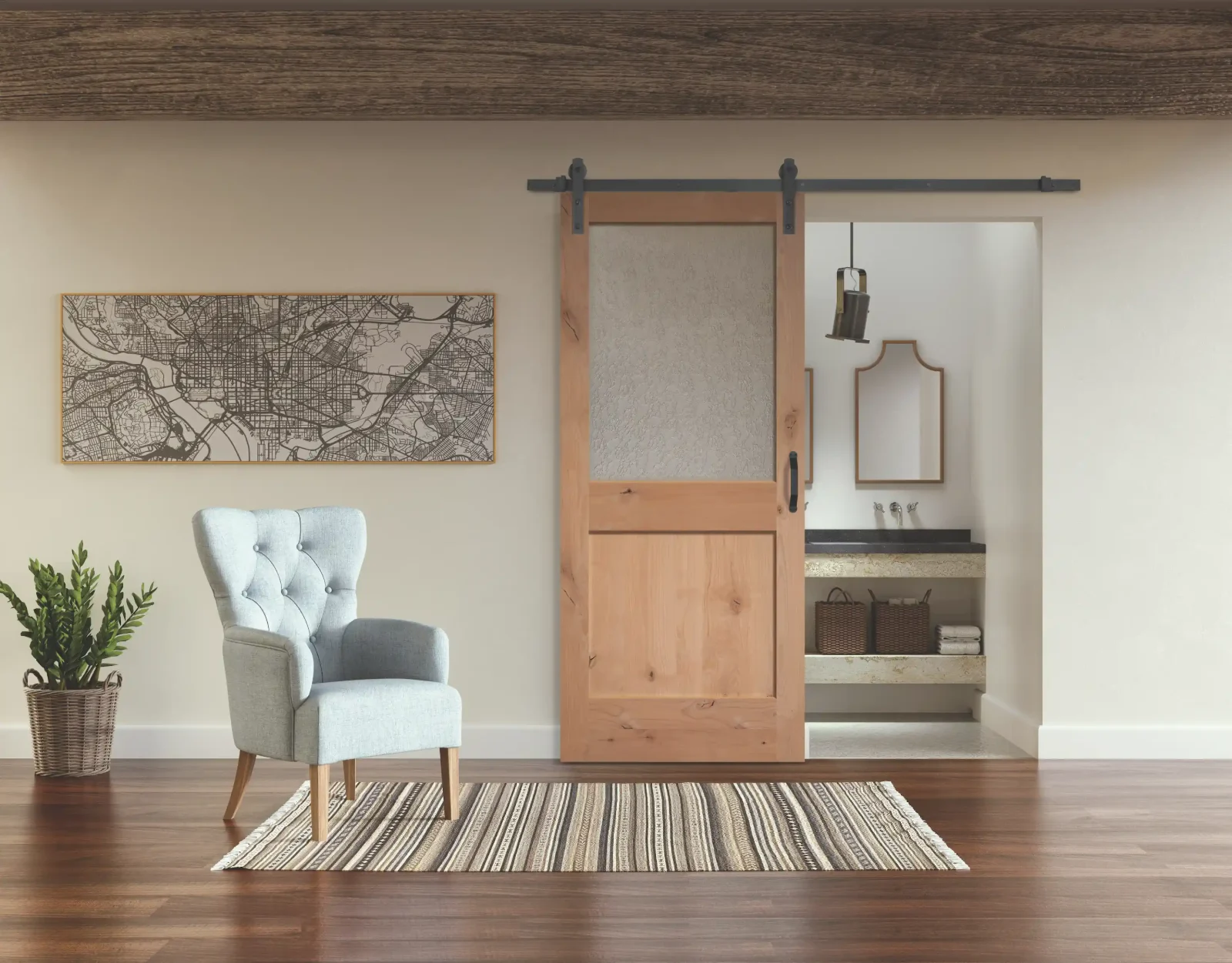 A wood barn door on black sliding hardware, shown with the full track across the opening