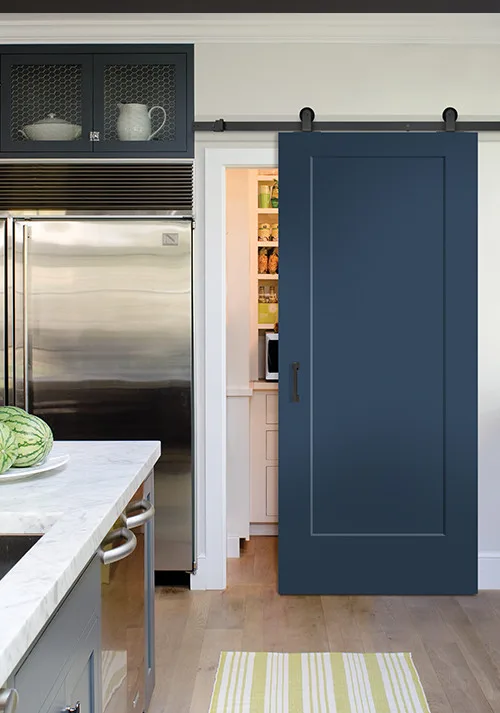 A Lincoln Park molded panel door hung on barn track at a pantry opening