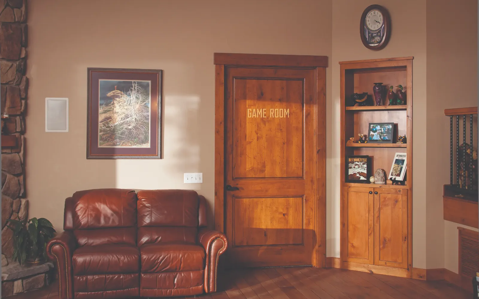 A stained knotty alder interior door in a finished room