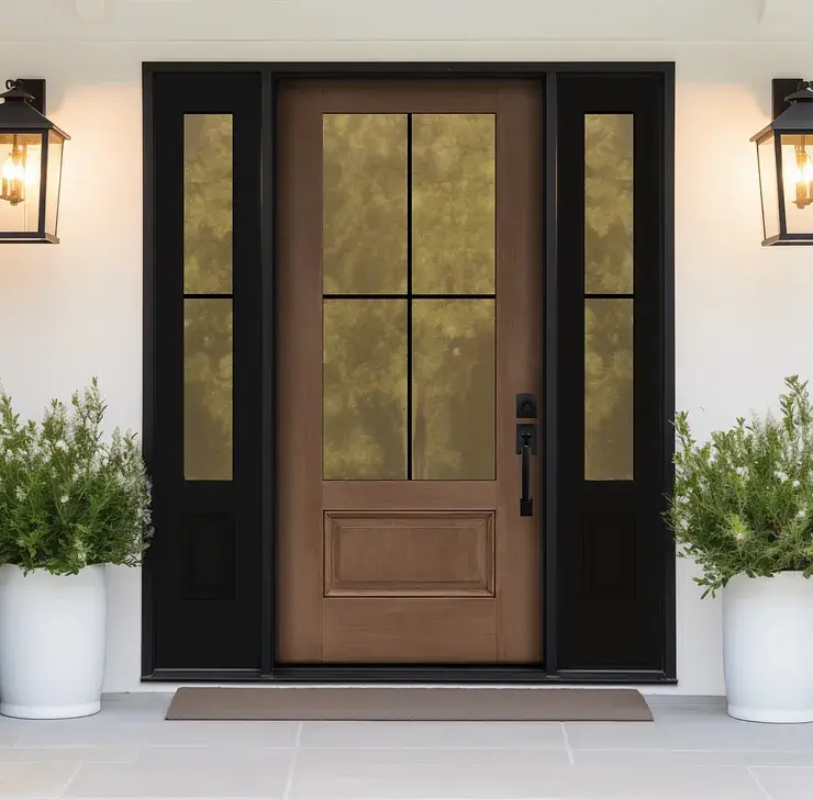 A wood entry door with four lites of textured amber glass and black sidelites between two lanterns