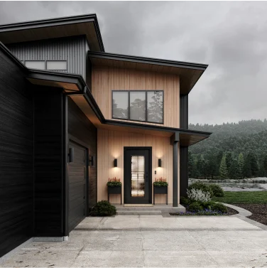 A modern black entry door with a full lite of privacy glass set in a cedar clad entry under a flat roof