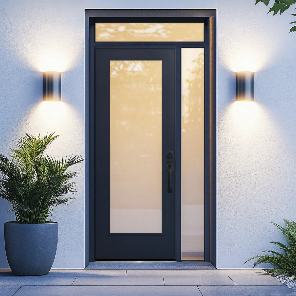 A black full lite entry door with matching privacy glass sidelite and transom, lit by wall sconces at dusk