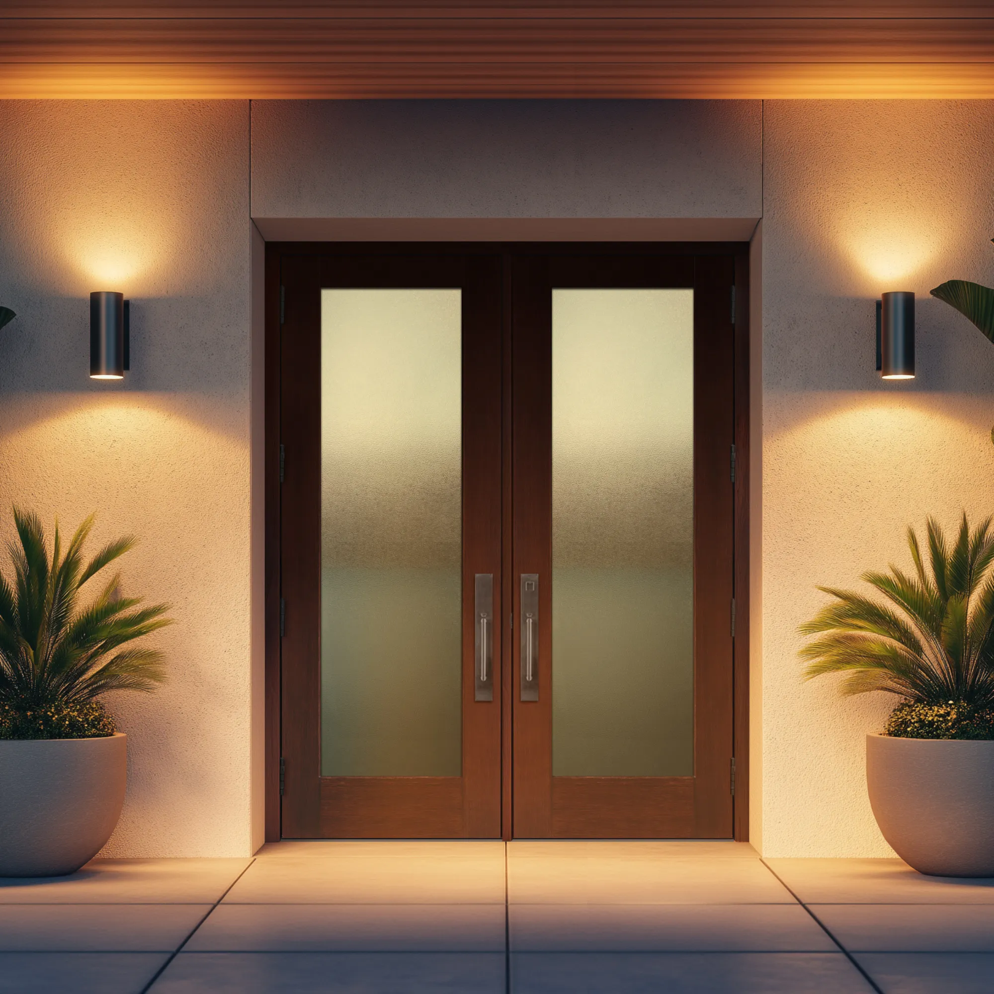 A modern double entry door glazed with tall privacy lites, lit by wall sconces at dusk