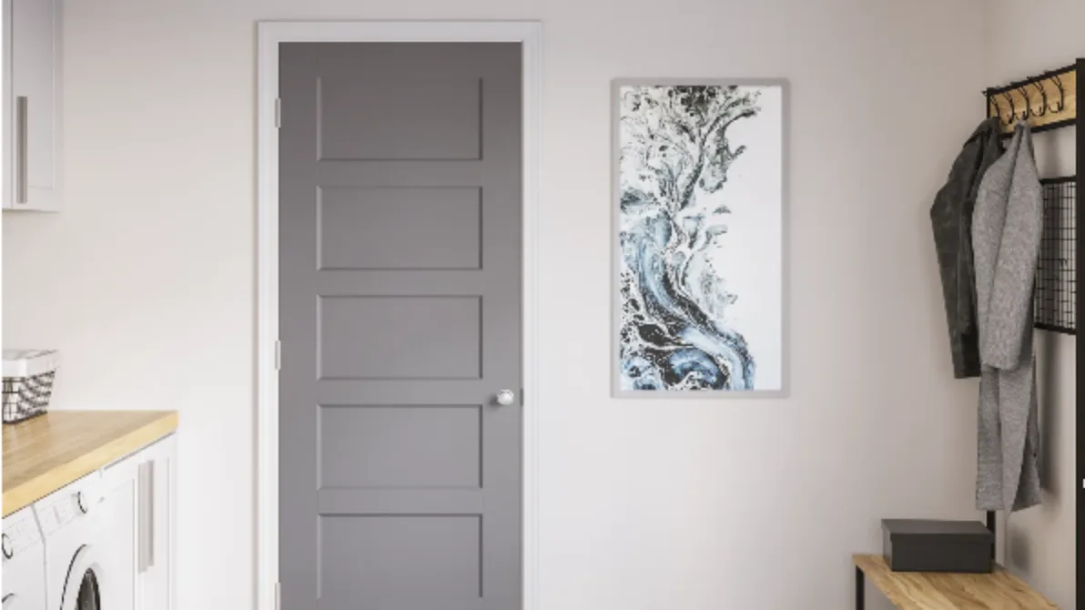 Masonite Bayshore five-panel interior door in a laundry room