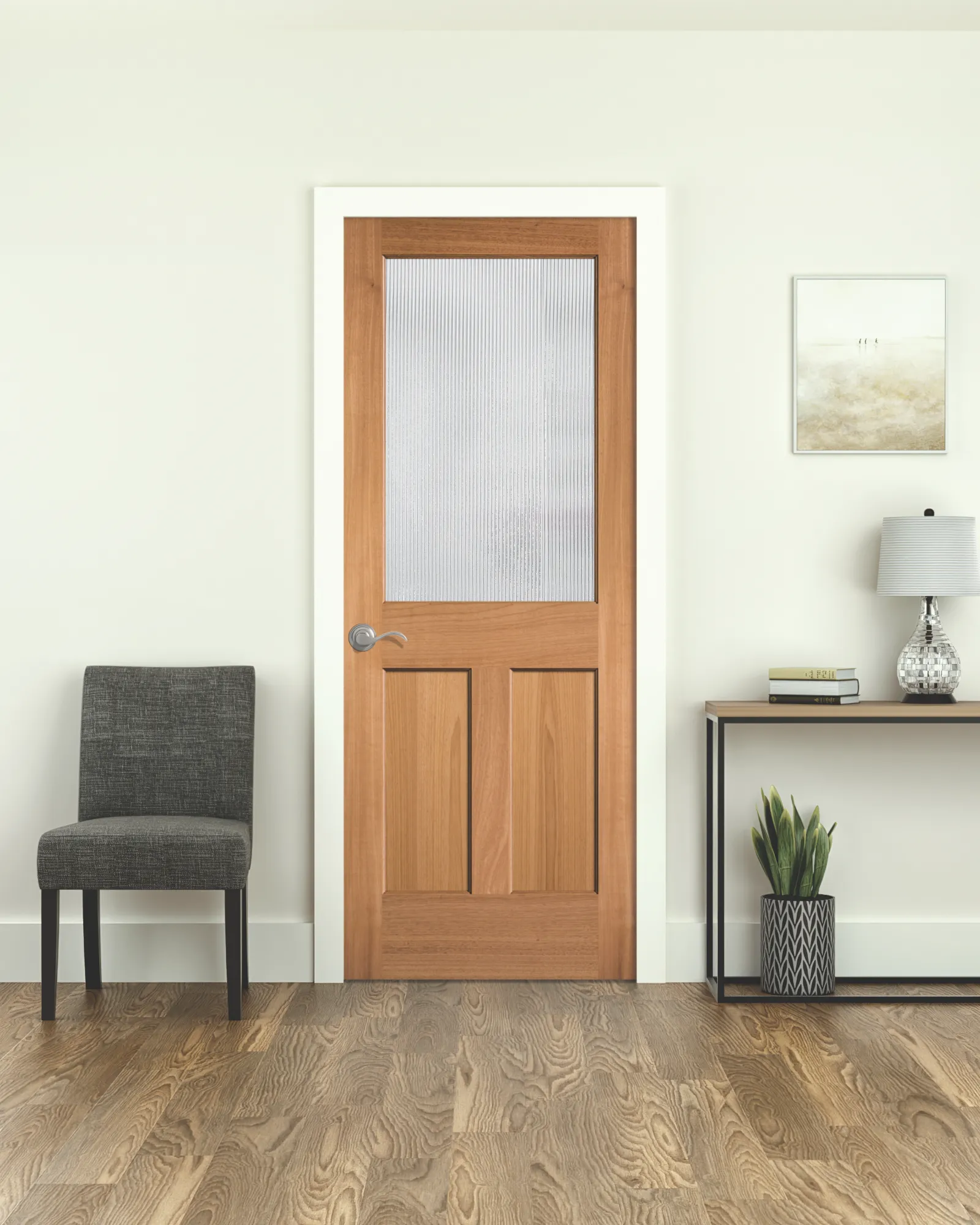 A mahogany interior door with reeded glass, clear coat finish