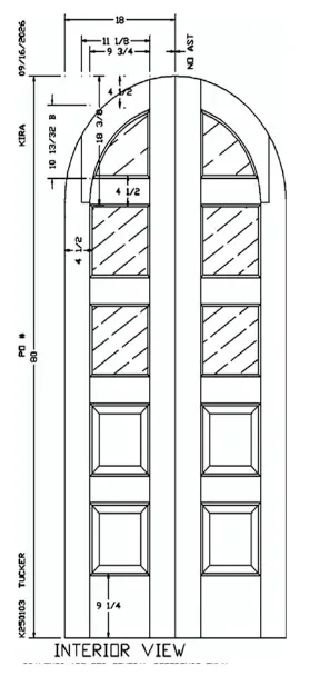 Shop drawing of the arched bifold unit, interior view with dimensions