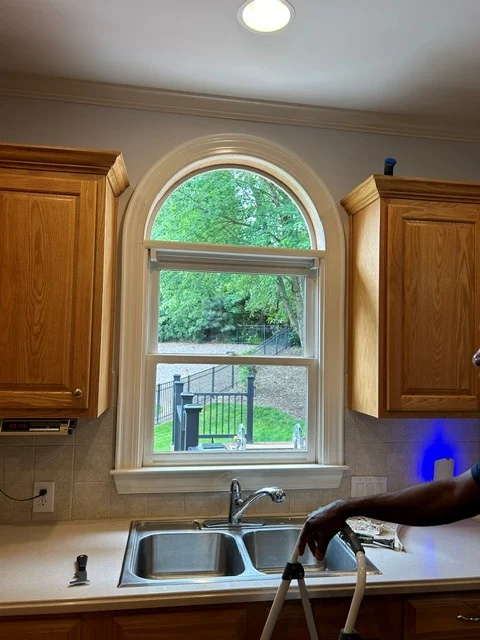 The new half round window seen from inside the kitchen