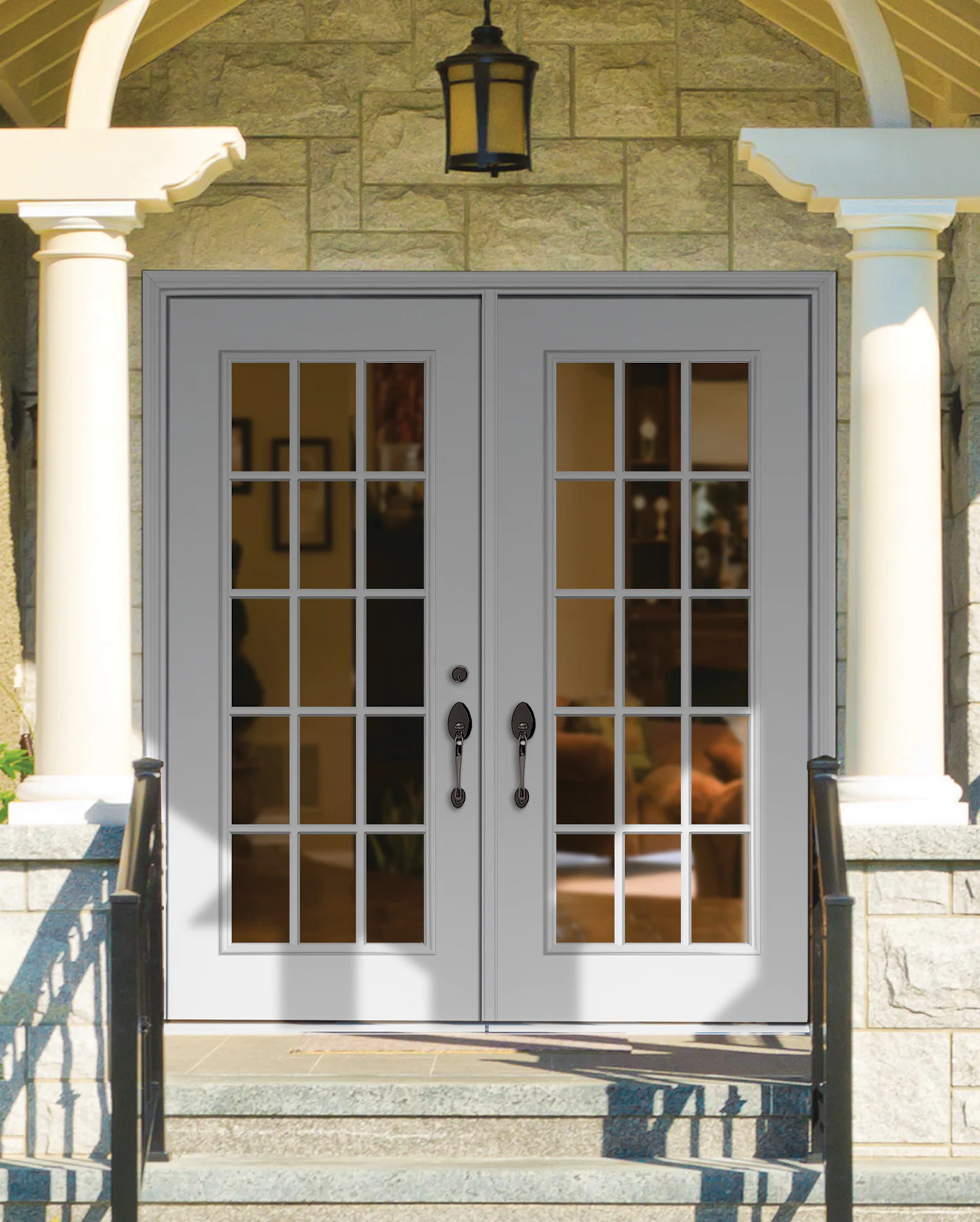 A fifteen lite double entry door in grey