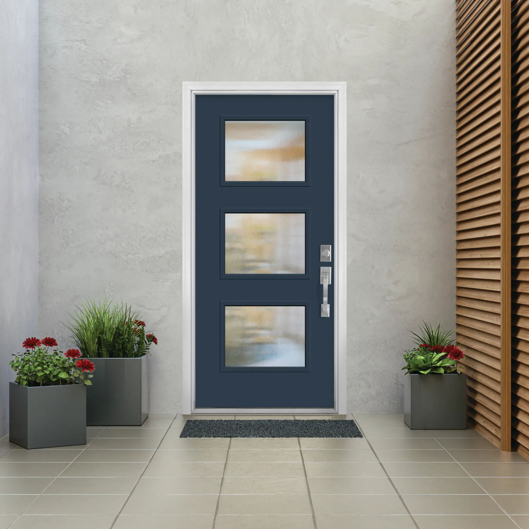 A three lite entry door in admiral blue with rain glass