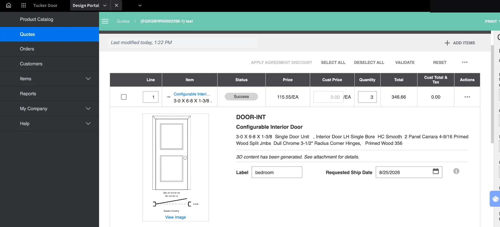 The Tucker Design Portal quote screen, showing a configurable interior door line item with price, quantity, total and requested ship date